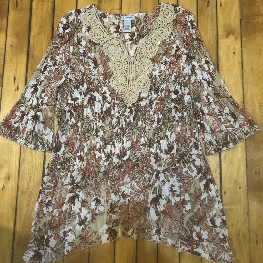 Catherines Autumn Multicolor Abstract Print Pleat Blouse-Crochet Trim-Sz 0X-Boho - Picture 10 of 11